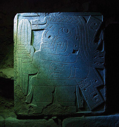 Stela of the San Pedro Cactus Bearer at Chavín de Huántar, Peru.