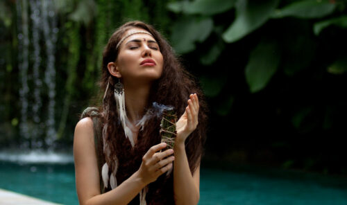 A inspired girl on a chamanic ceremony