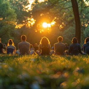 The participants of a retreat during a meditation workshop