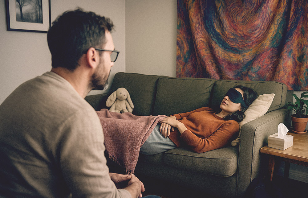 therapie-facilitateur Un facilitateur réalise une séance de psilocybine